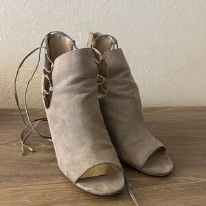 Sugar Taupe Lace-Up Peep-Toe Booties